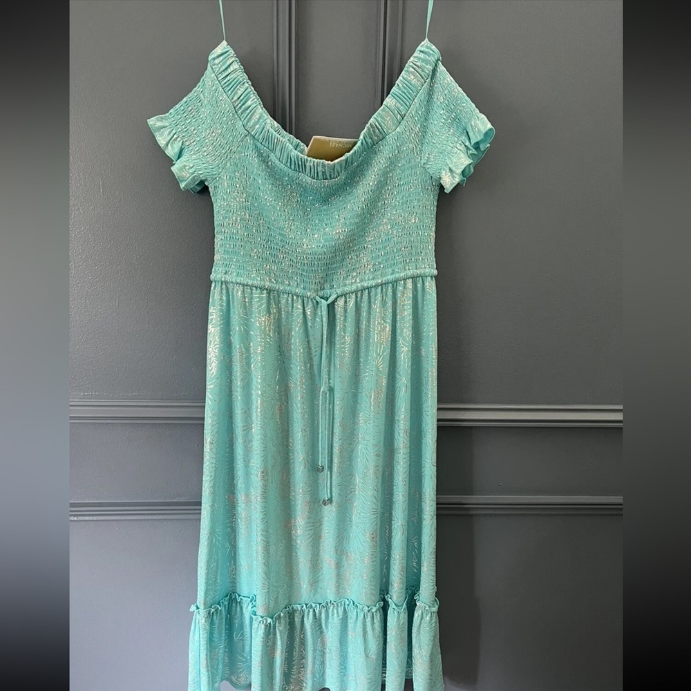 😍SOLD/Michael kors dress, turquoise fit and flare off shoulder msrp $140
